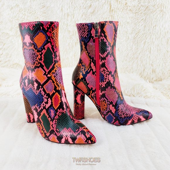 Hot Pink Multi 4" Chunky High Heel Ankle Boots - Picture 4 of 11